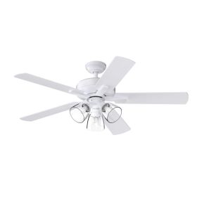 52" White 3 Light 5 Blade Ceiling Fan with LED Light Kit and Clear Glass Shades