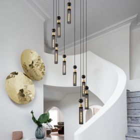 Modern Industrial Multi-Light Pendant Chandelier - 9-Light Black and Gold Adjustable Ceiling Light Fixture with Mesh Cylinder Shades for Living R