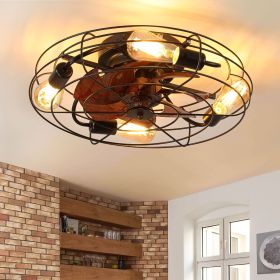 Caged Ceiling Fan With Light, 20'' farmhouse Low Profile Ceiling fan Lights With Remote Control (Color: Black, Material: Iron)